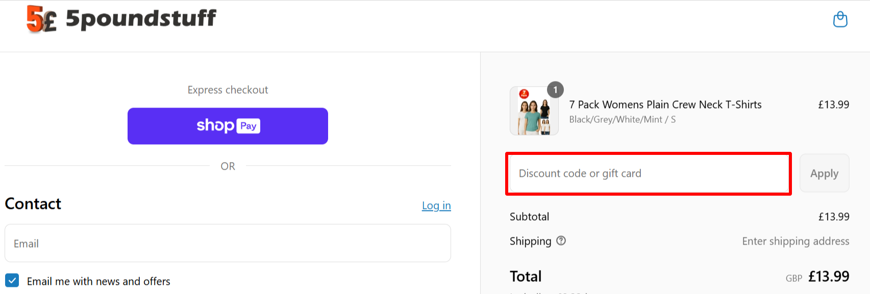 The checkout page showing where to apply your 5 Pound Stuff voucher code