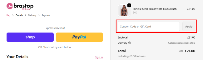 The checkout page shows where to apply your discount code