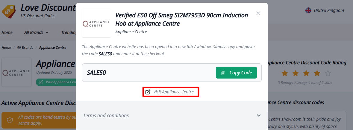 A red box will redirect to Appliance Centre's website