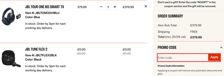 image showing the JBL checkout page