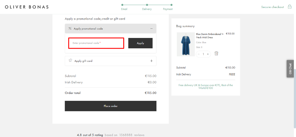 Oliver Bonas payment section where you paste your Oliver Bonas discount code