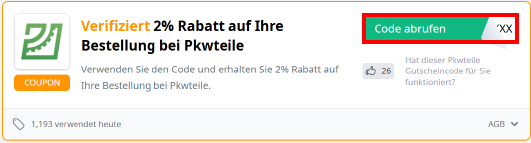 Infos zu einem Gutscheincode für pkwteile mit einem rotmarkiertem Abruf-Button
