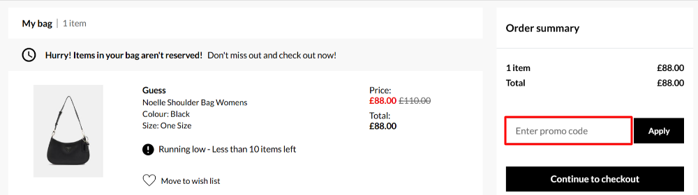 The FRASERS checkout page with where to paste the FRASERS discount code in a red box