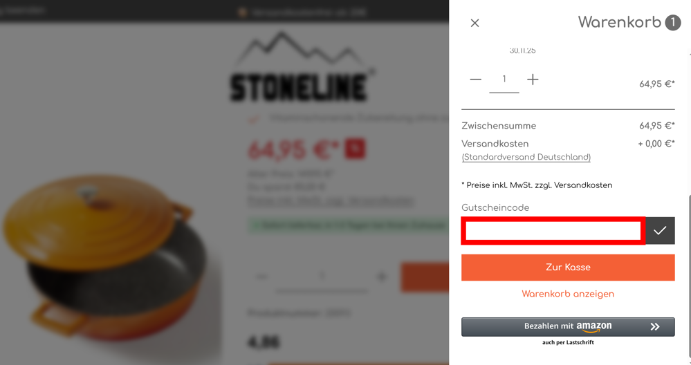 Warenkorb von Stoneline mit rotmarkiertem Eingabefeld für einen Rabattcode