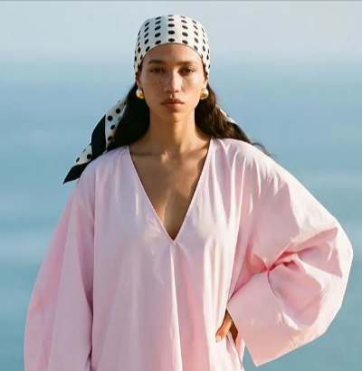 A woman wearing a pink shirt dress, and accessories from Giglio.com.