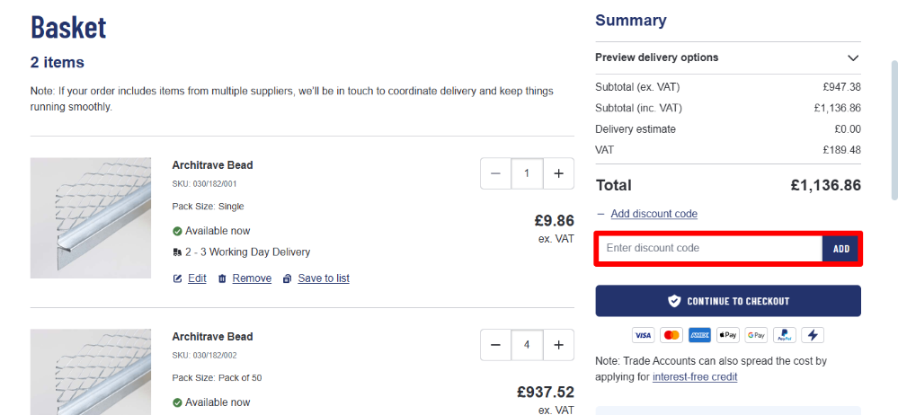 Building Materials shopping basket that contains the place to apply your Building Materials voucher code