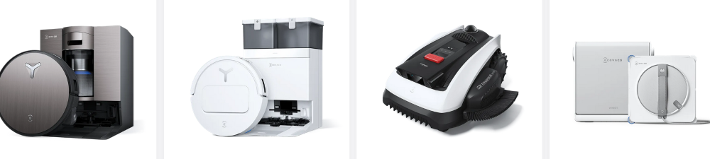 robot vacuum with auto-empty station, a robot mop with dual water tanks, a robotic lawn mower, and a window cleaning robot, all displayed against a clean white background.