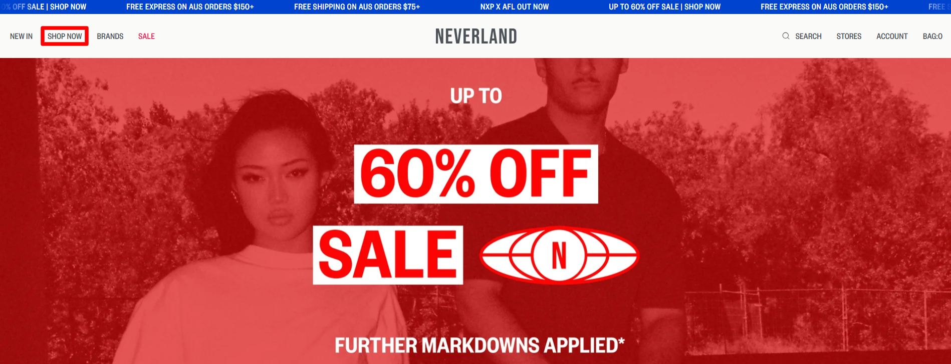 The NEVERLAND welcome page with the “Shop Now” button highlighted with a red box.