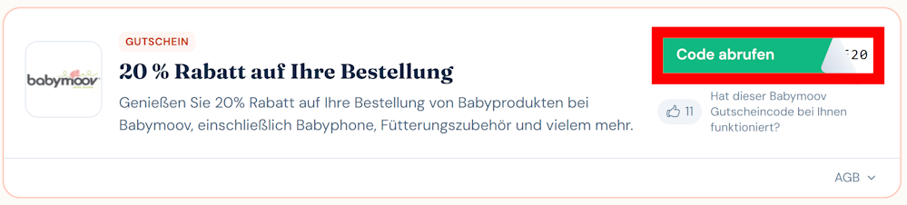 Angaben zu einem Rabattcode für Babymoov mit rotmarkiertem grünen Button