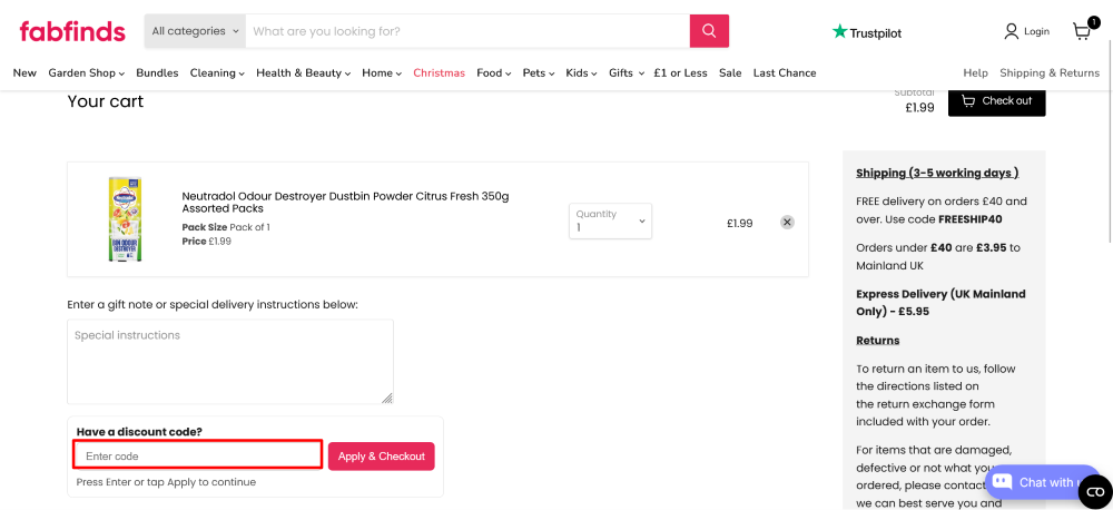 Screen recording showing the FabFinds checkout promo code box