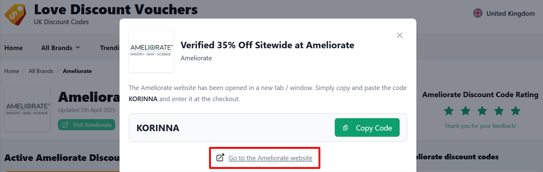 The highlighted red box shows the link that takes you to the Ameliorate website