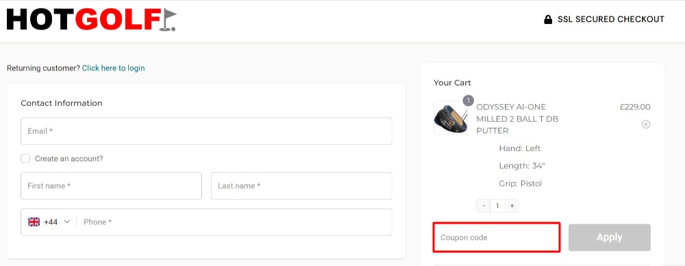 The HotGolf checkout page with where to paste the HotGolf voucher code in a red box