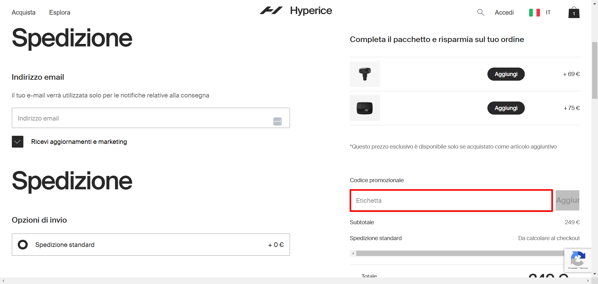 carrello della piattaforma ufficiale Hyperice dove inserire il codice sconto Hyperice nell'apposito spazio