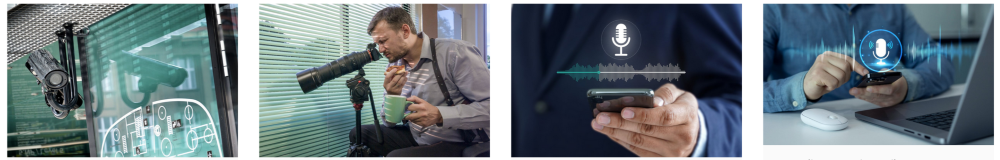 A collage showing Online Spy Shop's hidden camera, a man with a long lens, and people using phones for audio recording and monitoring.