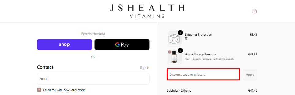 Paste your JSHealth Vitamins promo code into the discount box and apply it