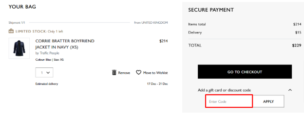 Red box where customers can enter their Wolf & Badger discount code