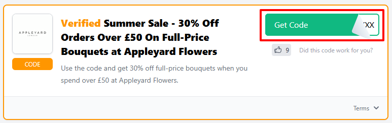 An Appleyard Flowers voucher code with "Get Code" in a red box.