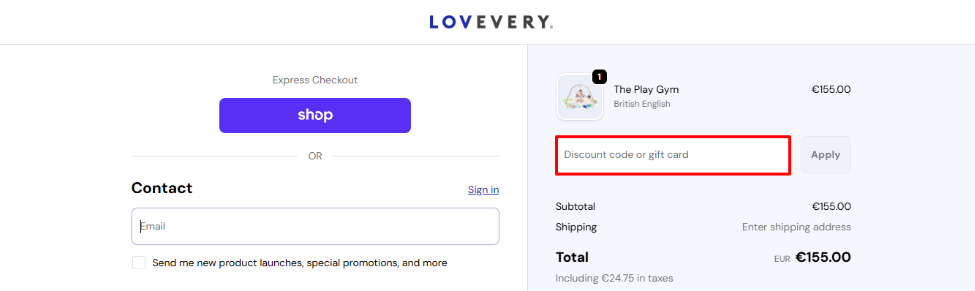 Lovevery promo code box highlighted by a red box