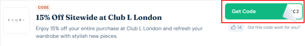 A Club L London discount code with "Get Code" in a red box