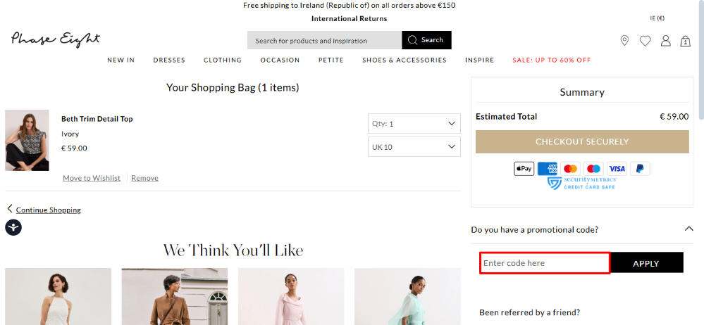 Phase Eight discount code place in the shopping bag summary