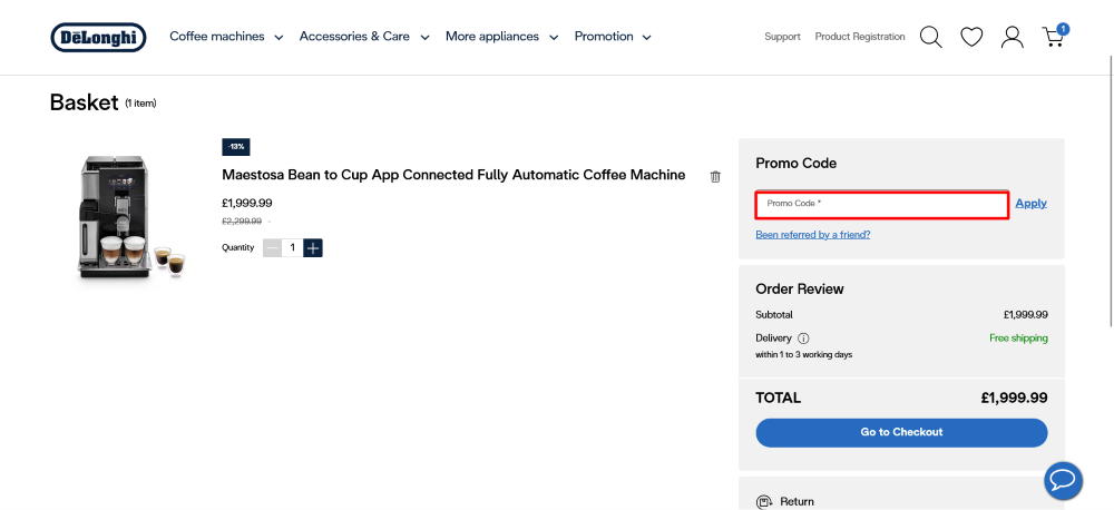 Screenshot showing where to enter a De'Longhi UK promo code at checkout.
