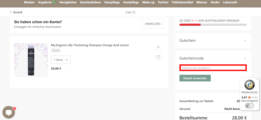 Warenkorb von Beautycos mit rotmarkiertem Eingabefeld für Rabattcodes