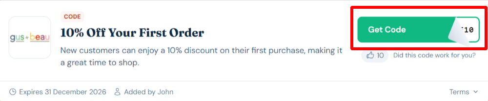 A gus and beau voucher code with "Get Code" in a red box