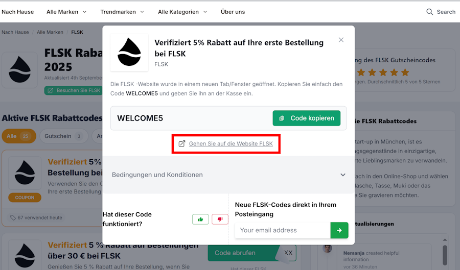 Offener FLSK Gutschein auf Love Coupons mit eiem markierten Link