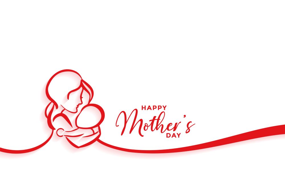 A minimalist red line illustration of a mother cradling her baby alongside the text Happy Mother's Day on a clean white background.