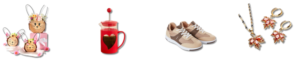 Ein paar Schuhe, eine rote Herztasse, Schmuck und Osterdekoration auf leerem Hintergrund
