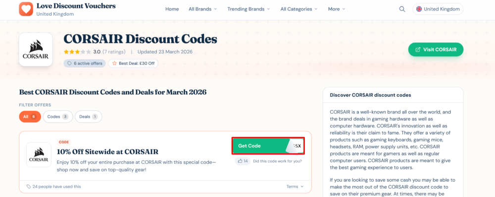 CORSAIR Love Discount Vouchers page where you copy a code