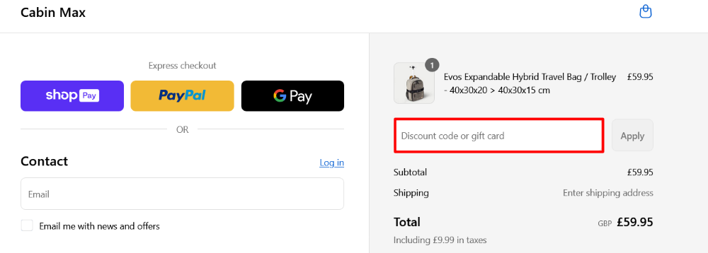 The checkout page for Cabin Max, where you paste the code