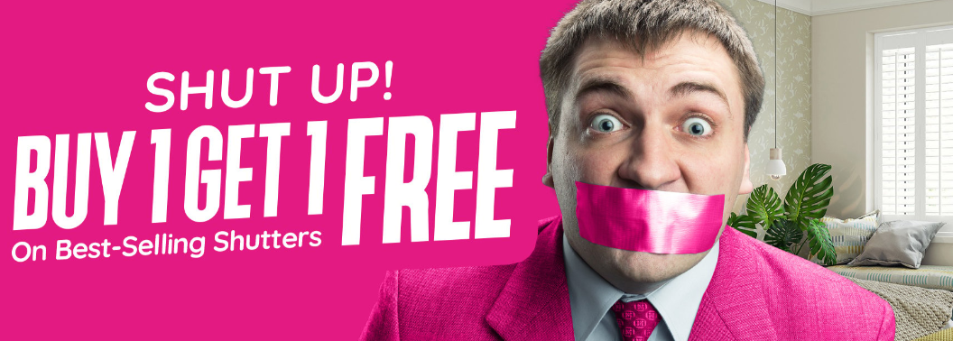 247 Blinds buy 1, get 1 free displayed on pink background