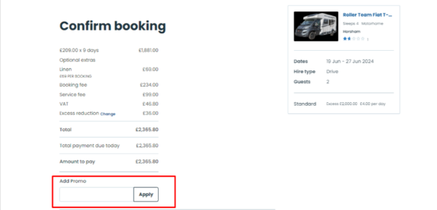 checkout page from Camplify to enter a verified code