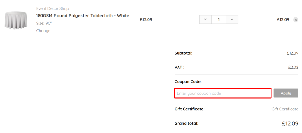 The Event Decor Shop checkout page with where to paste the Event Decor Shop voucher code in a red box