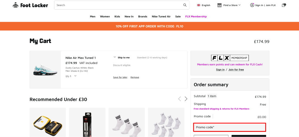 The checkout page for Foot Locker, where you paste the code
