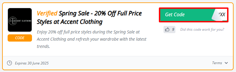 A red box will reveal an Accent Clothing discount code