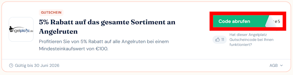 Angaben zu einem Rabattcode von Anglerplatz mit rotmarkiertem grünen Button
