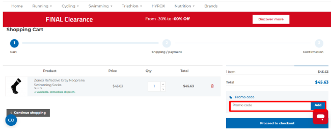 365rider checkout page with overview of items and code box
