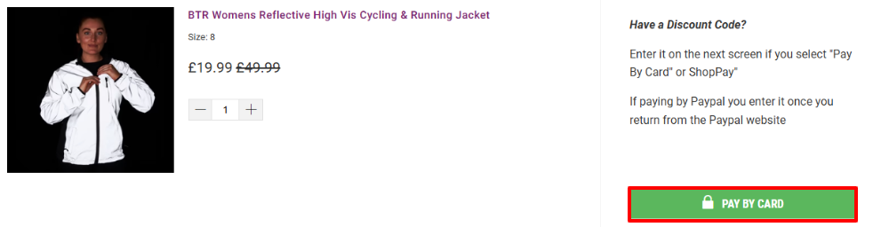 The BTR Direct Sports shopping basket page with "Pay by card' in a red box.