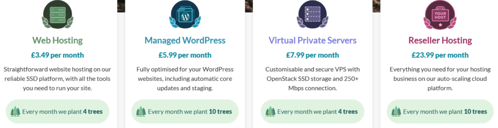Eco Web Hosting services offered displayed