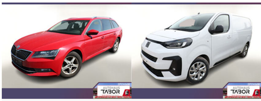 Ein rotes und ein weißes Auto vom Autohaus Tabor nebeneinander auf hellem Grund