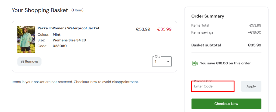 Mountain Warehouse promo code box where you can apply Irish Times Discount Codes Mountain Warehouse discount codes