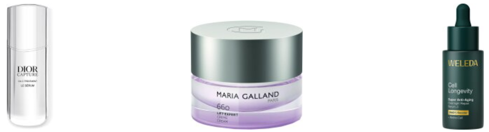 Drei jeweils unterschiedliche Beauty-Produkte auf leerem Hintergrund