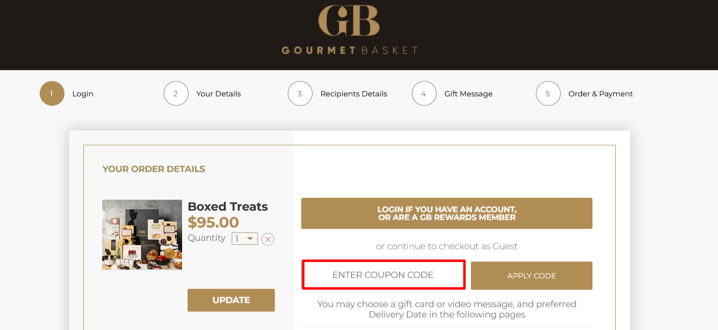 You input your code on the Gourmet Basket checkout page.