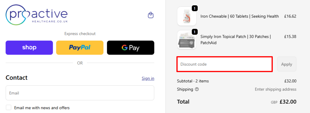 The Proactive Healthcare checkout page with where to paste the Proactive Healthcare voucer code in a red box.