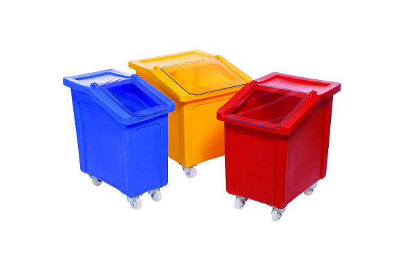 Black Friday Storage: Three blue, yellow and red mobile ingredients bins from BiGDUG