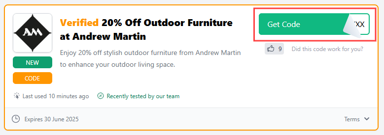 A Andrew Martin voucher code with "Get Code" in a red box.