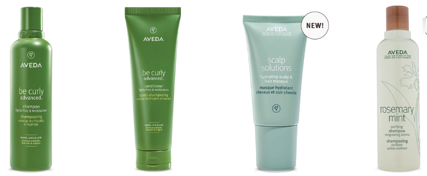 Aveda products displayed on a white background