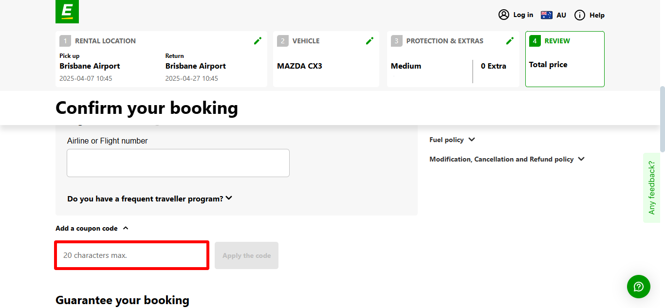 Europcar promo code place highlighted by a red box where you can place your discount
